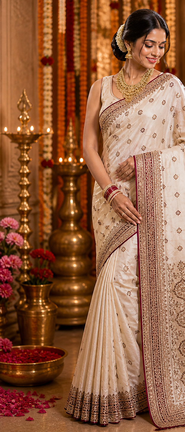 Cream and wine jardosi Banarasi saree