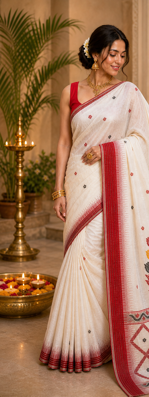 White and red Khadi cotton saree