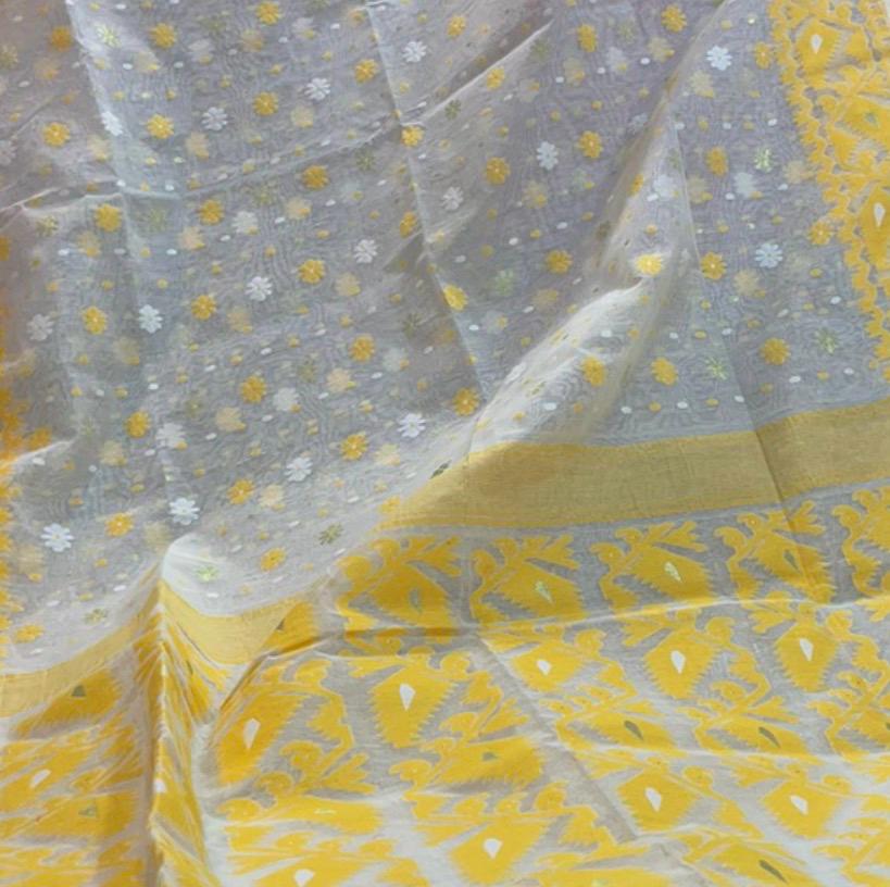 White and yellow Jamdani saree