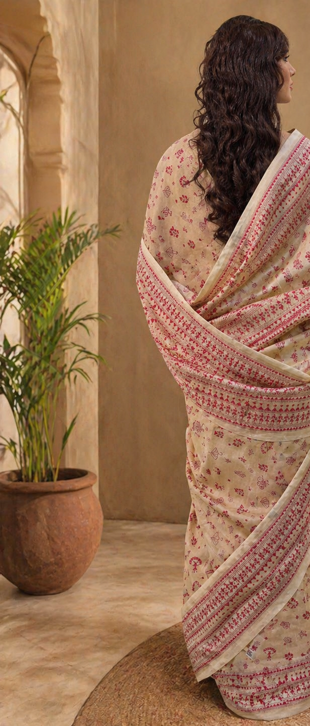 Cream and orange Kantha flower handloom saree