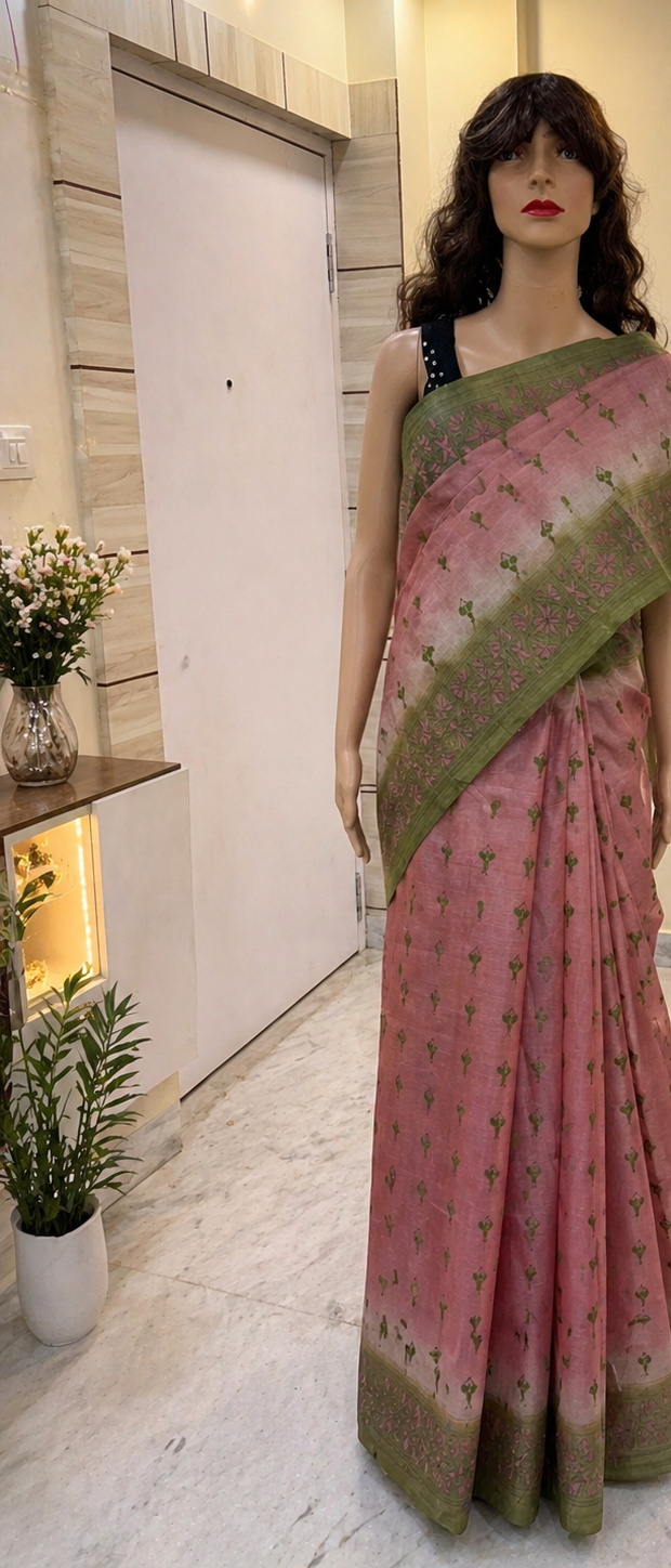 Baby pink with green kantha stitch saree