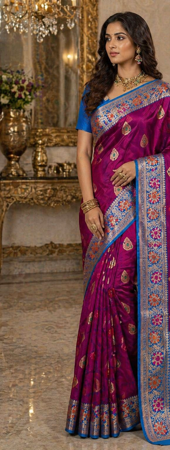 Deep pink Katan saree with zari floral work
