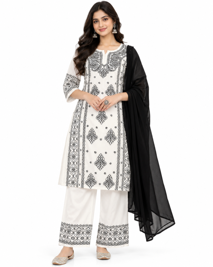 white black chikankari
