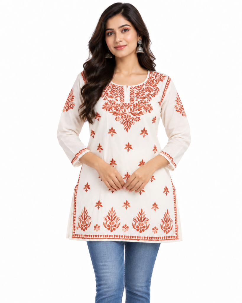 emboidery white orange lucknow chikan kari